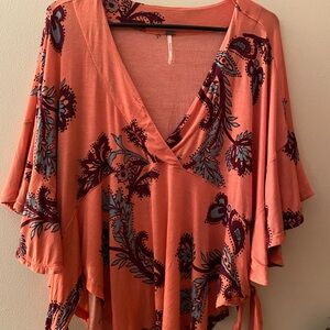 Free People Coral Floral Blouse